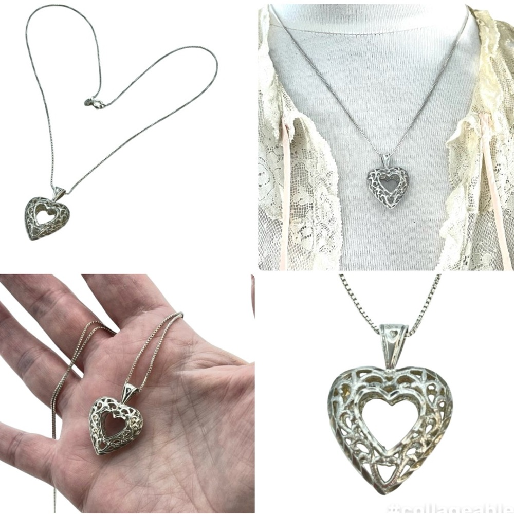 Silver Filigree Open Heart Pendant & Chain Necklace 925 Sterling | Etched Charm